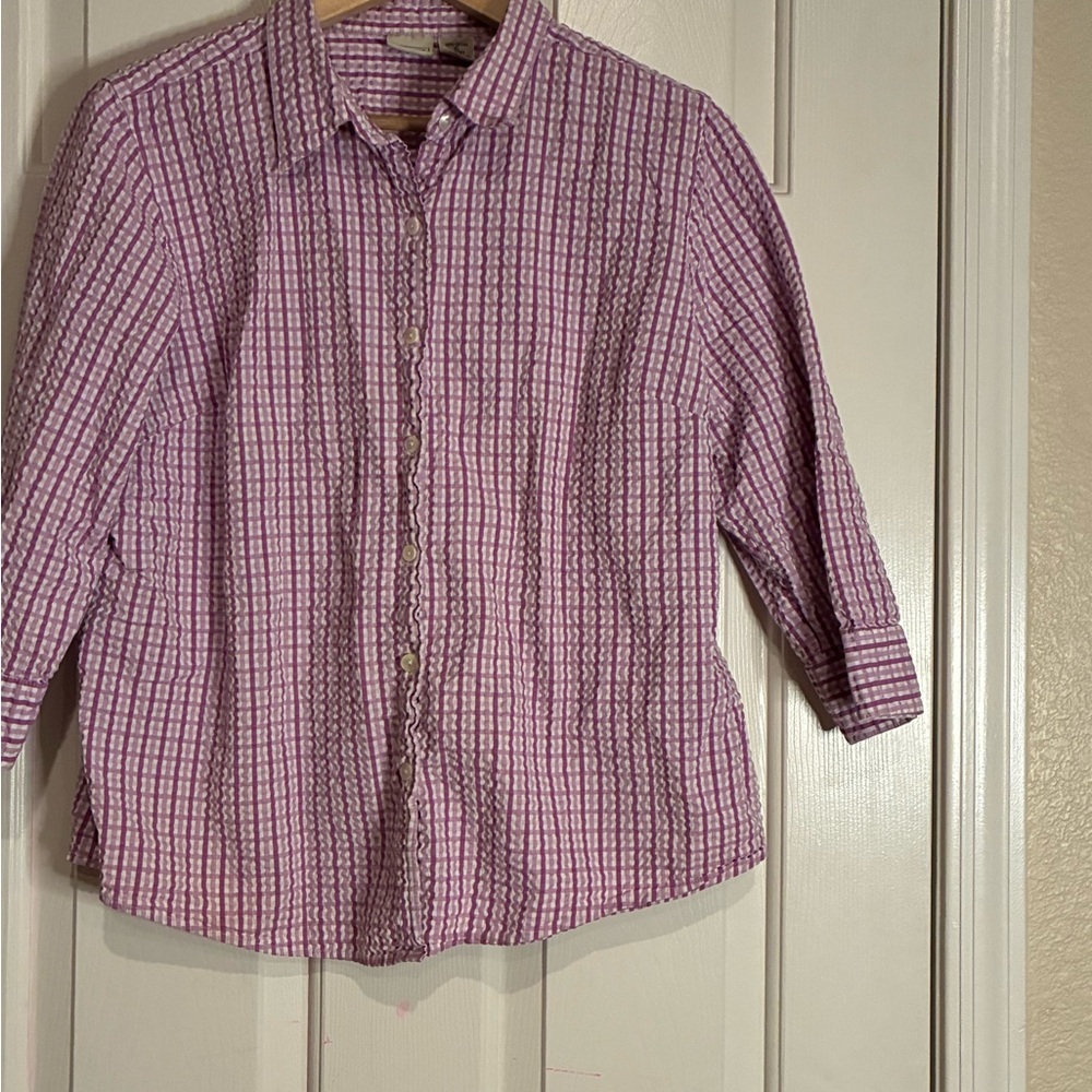 L.L. Bean Women's Purple Checkered Button Down Shirt - Picture 3 of 8